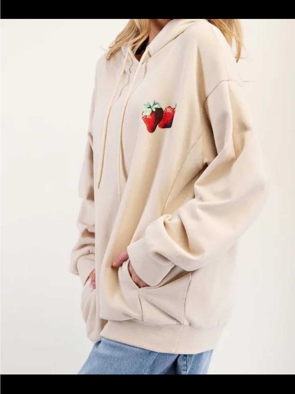 Beige Strawberry Print Graphic Hoodie Sweatshirt - Womens